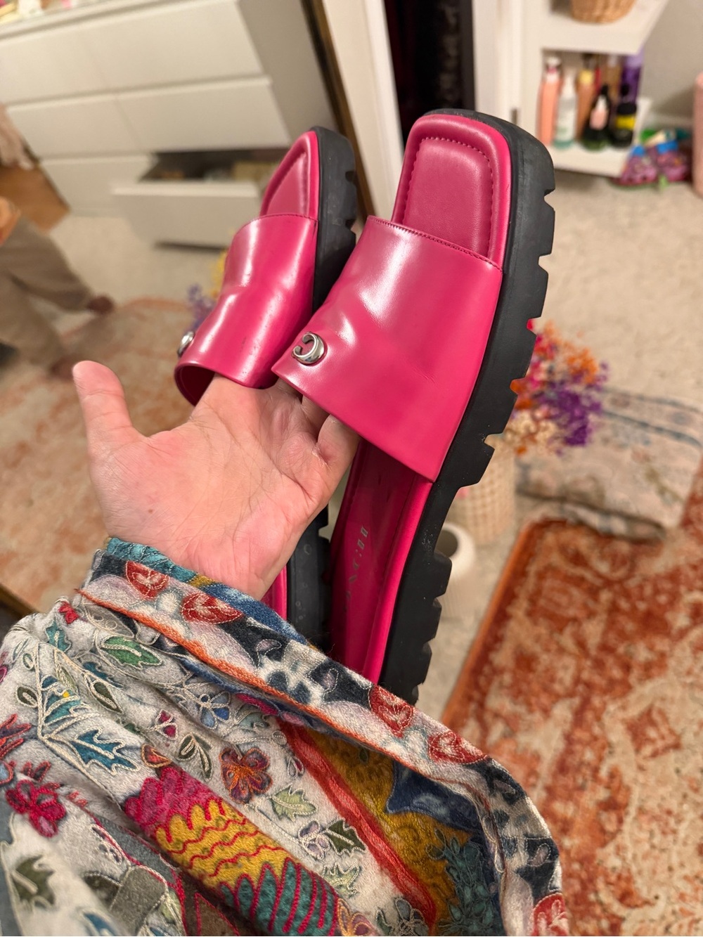 Coach Fuchsia Leather Slide Sandals with Black Lug Sole
